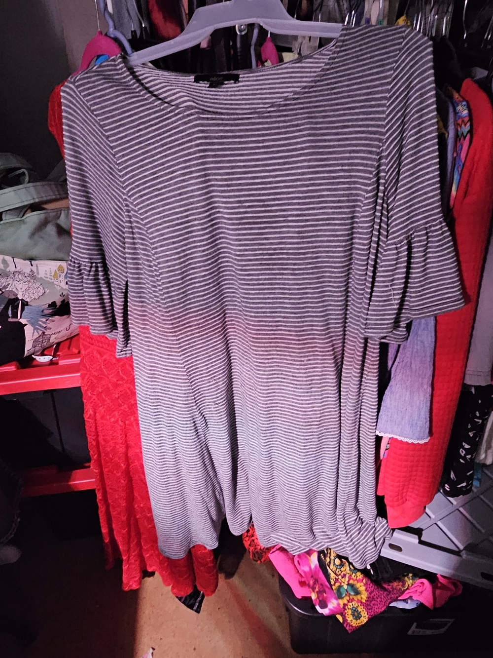 ellos Striped Ruffle-Sleeve Tunic in Gray and White